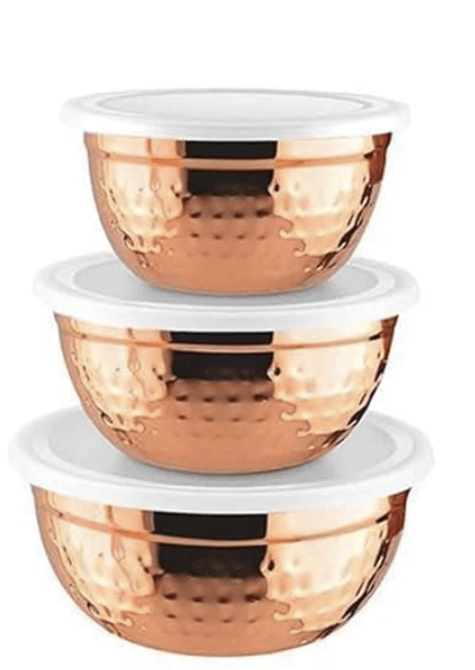 Shri & Sam Fresco Copper Coating Hammered Shape 3 PCS Air Tight Storage Container/Bowls Set for Dry Foods (Size : 14cm - 850ml, 16cm - 1150ml, 18cm - 1550ml)